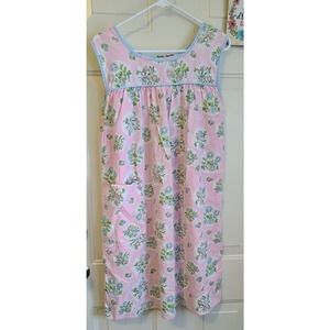 Vintage Pink Floral Cotton Nightgown with Blue Trim